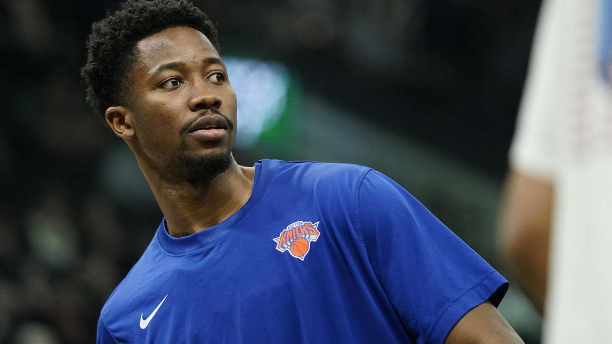 FILE - New York Knicks' Mamadi Diakite warms up before an NBA basketball game against the Milwaukee Bucks Sunday, April 7, 2024, in Milwaukee.
