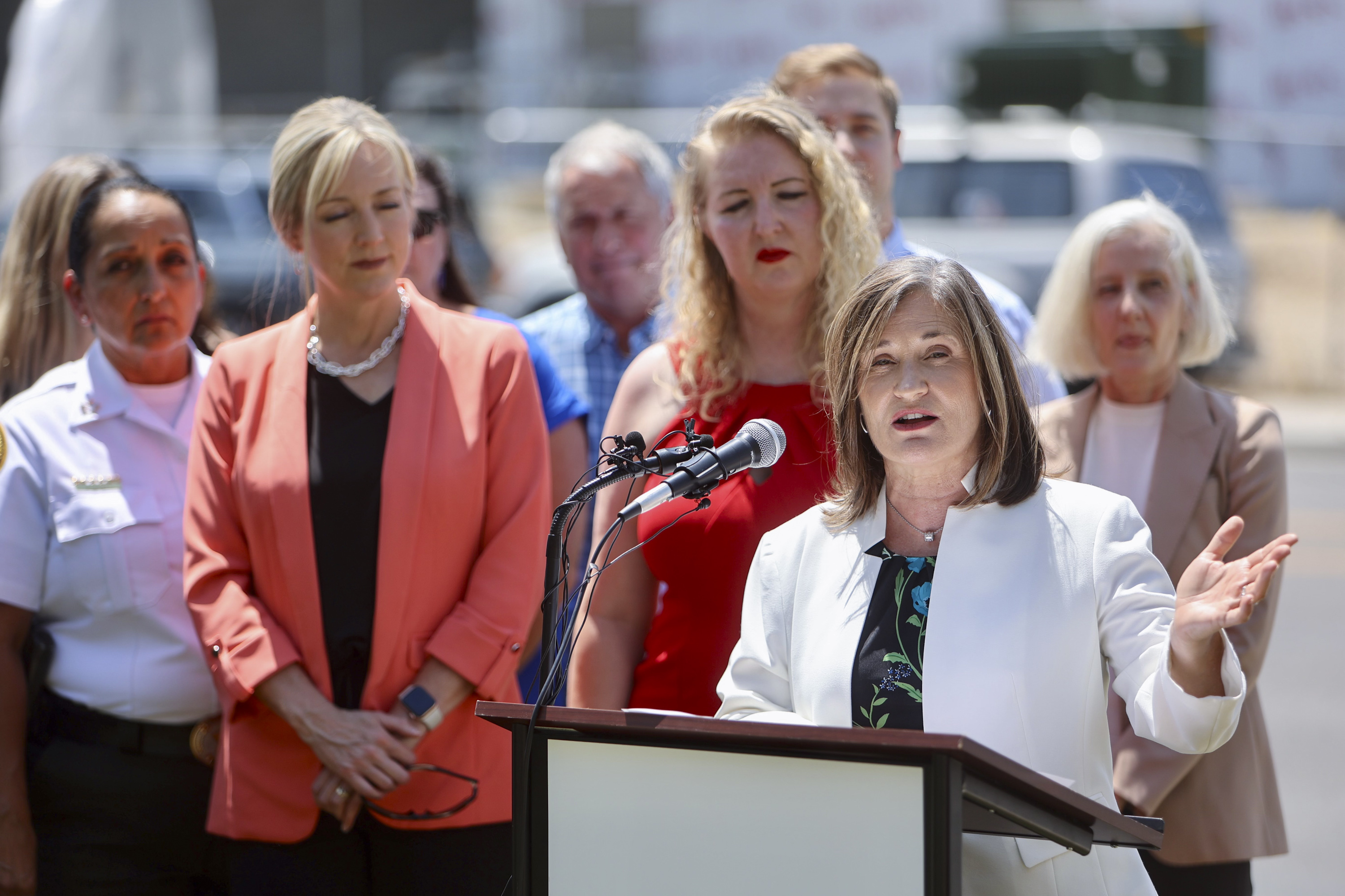 Salt Lake County Mayor Jenny Wilson speaks at a press conference announcing a major initiative to tackle homelessness held at the Salt Lake County Sheriff's Office in Salt Lake City on Friday.