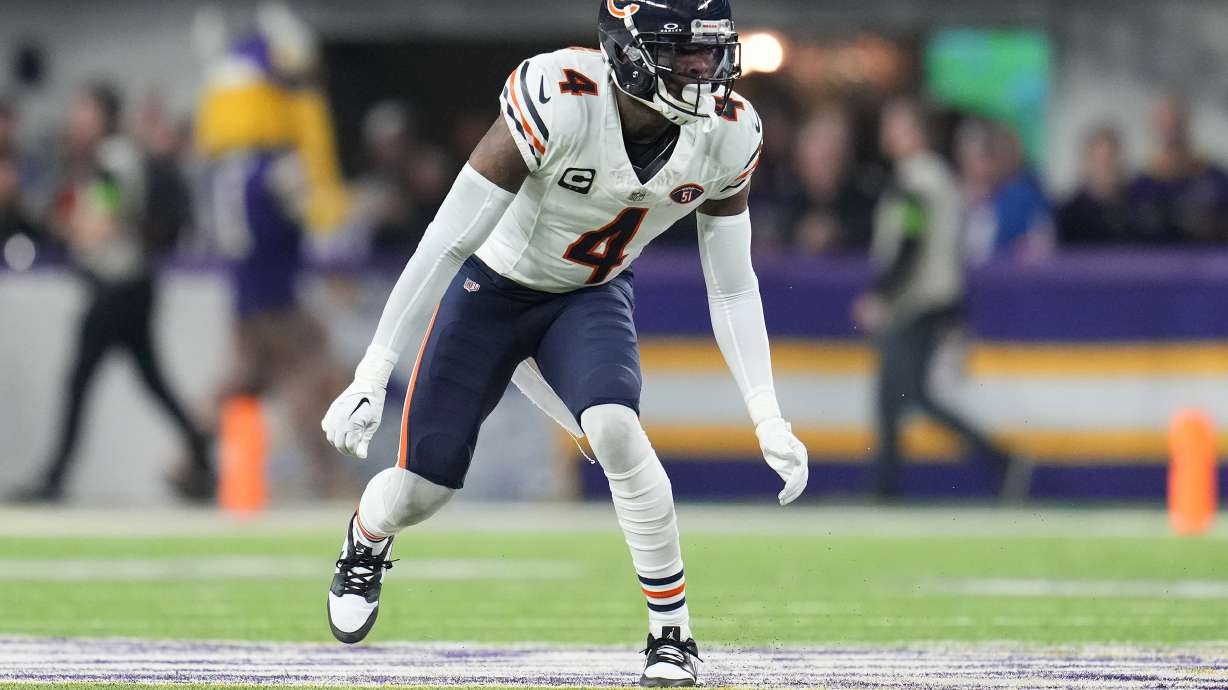 FILE - Chicago Bears safety Eddie Jackson (4) follows the action during the second half of an NFL football game against the Minnesota Vikings, Monday, Nov. 27, 2023, in Minneapolis. The Baltimore Raves has agreed to a one-year deal with two-time Chicago Bears safety Eddie Jackson.