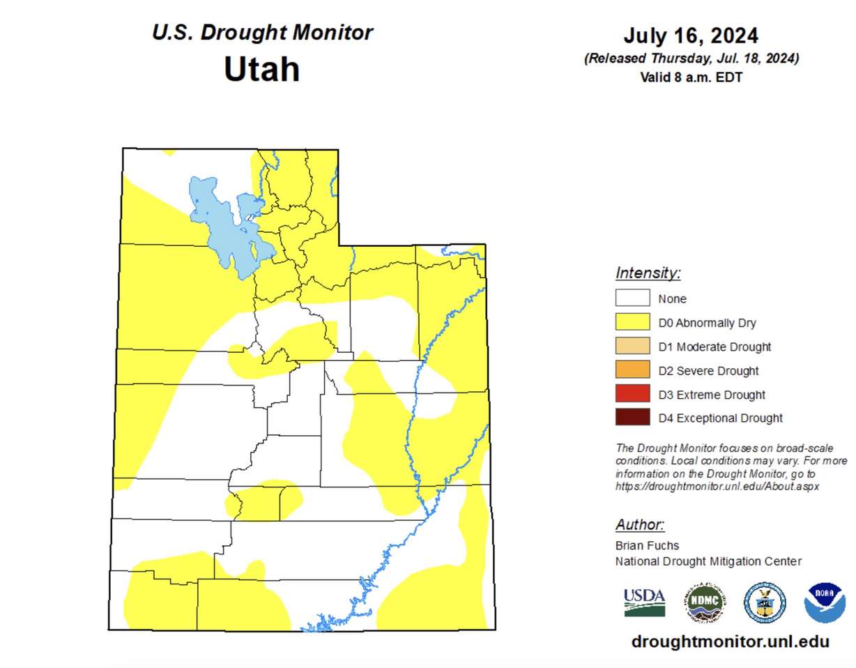 This map shows where "abnormally dry" conditions exist in Utah. More than half of the state is considered "abnormally dry," according to the U.S. Drought Monitor.