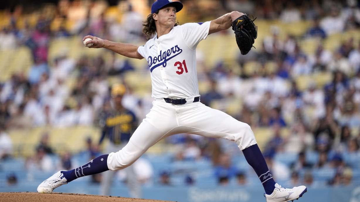 Los Angeles Dodgers starting pitcher Tyler Glasnow throws to the plate during the first inning of a baseball game against the Milwaukee Brewers Friday, July 5, 2024, in Los Angeles.