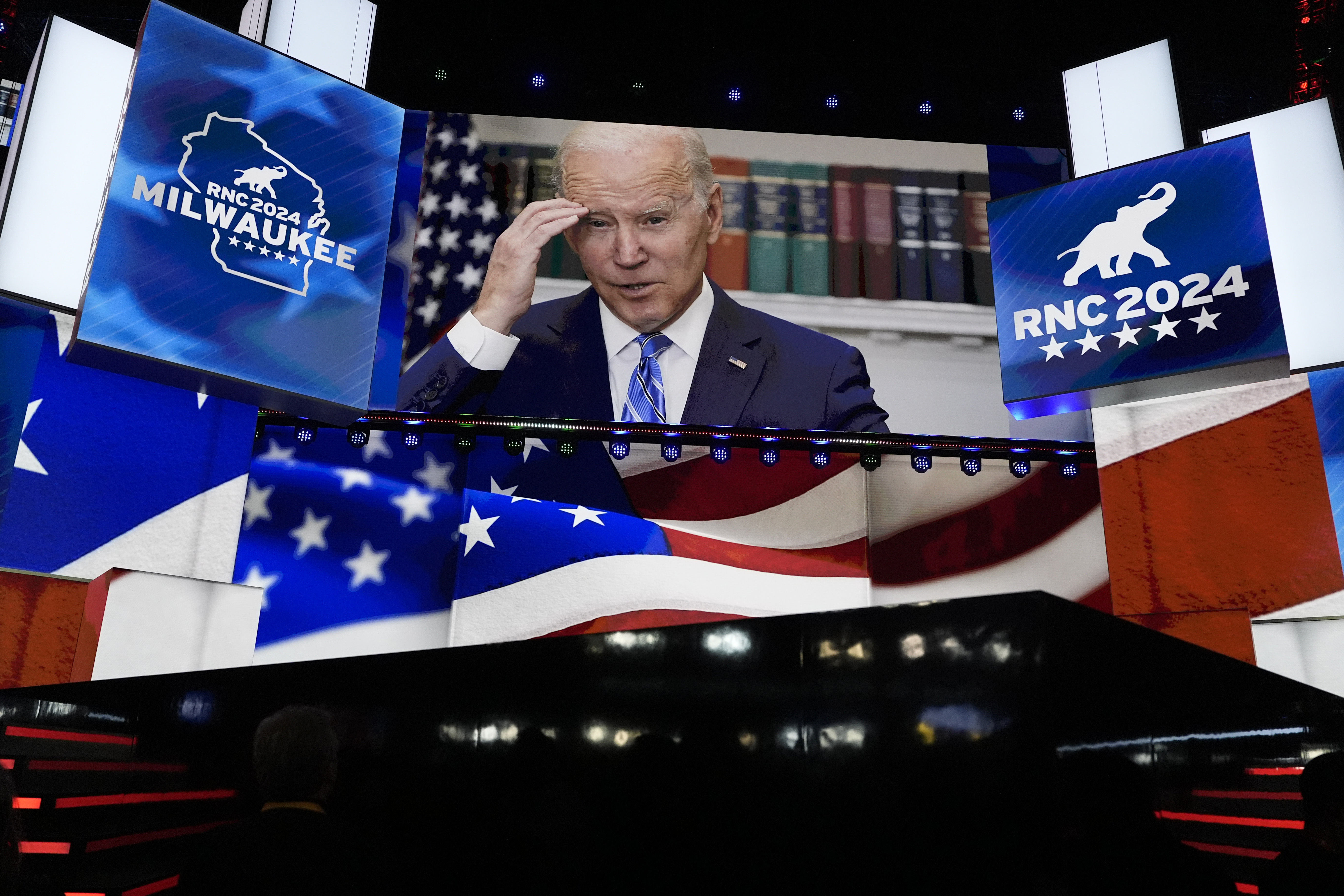 An image of President Joe Biden is projected on a screen during the final night of the 2024 Republican National Convention at the Fiserv Forum, Thursday, in Milwaukee. 