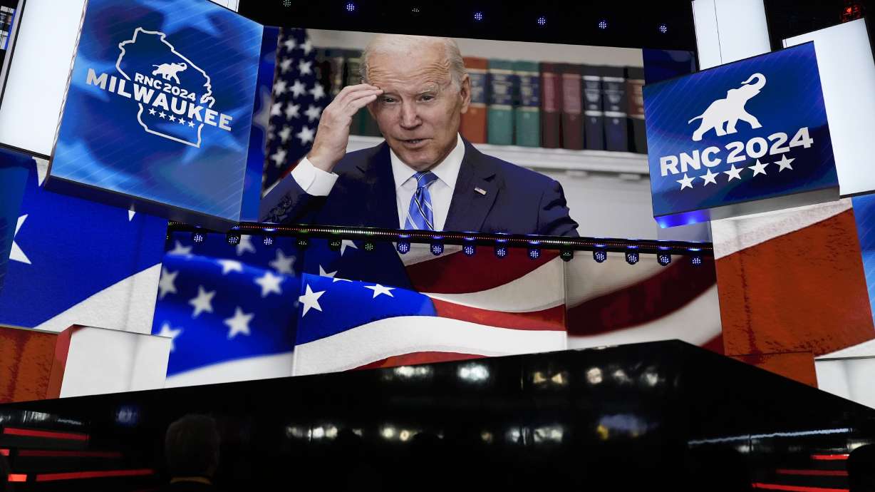 An image of President Joe Biden is projected on a screen during the final night of the 2024 Republican National Convention at the Fiserv Forum, Thursday, in Milwaukee.