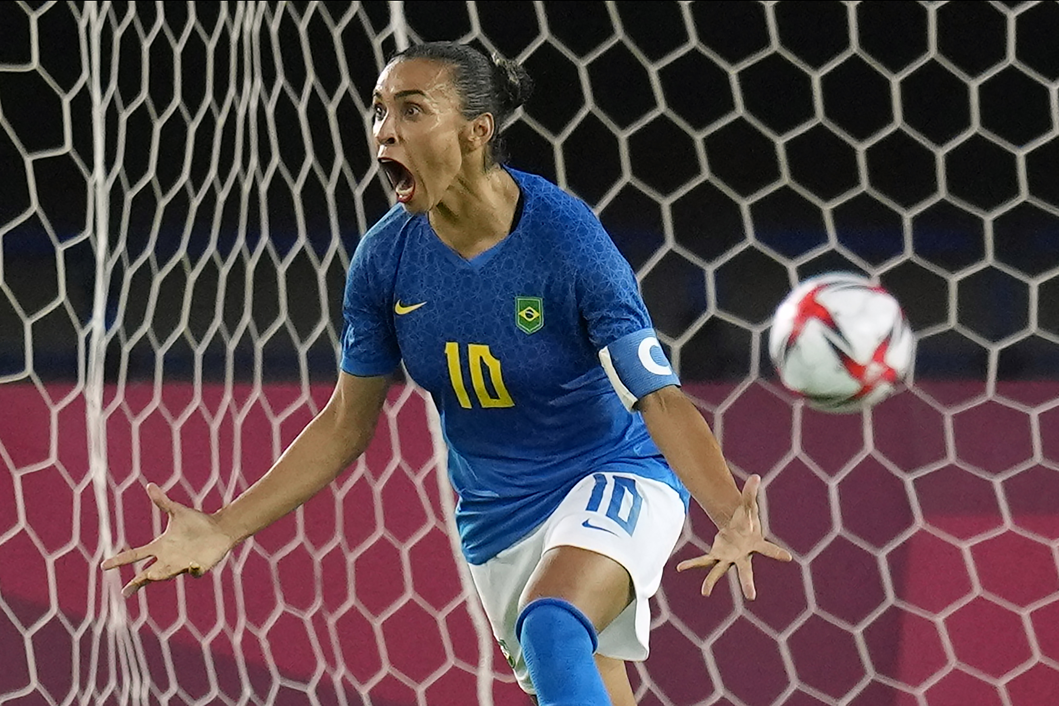 FILE - Brazil's Marta celebrates after scoring a goal during a women's soccer match against Netherlands at the 2020 Summer Olympics, Saturday, July 24, 2021, in Miyagi, Japan. The Brazilian legend plays in her final Olympics in France before stepping away from the national team.