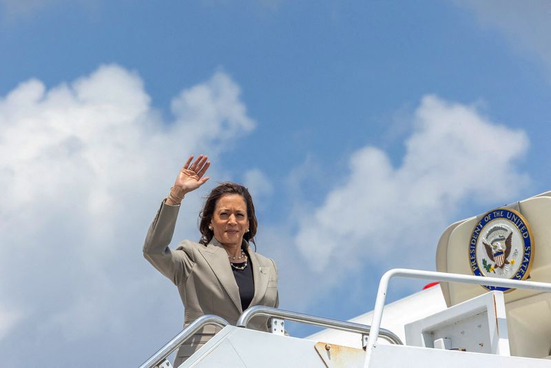 U.S. Vice President Kamala Harris boards Air Force Two as she leaves Pope Army Airfield after campaigning in Fayetteville, North Carolina.