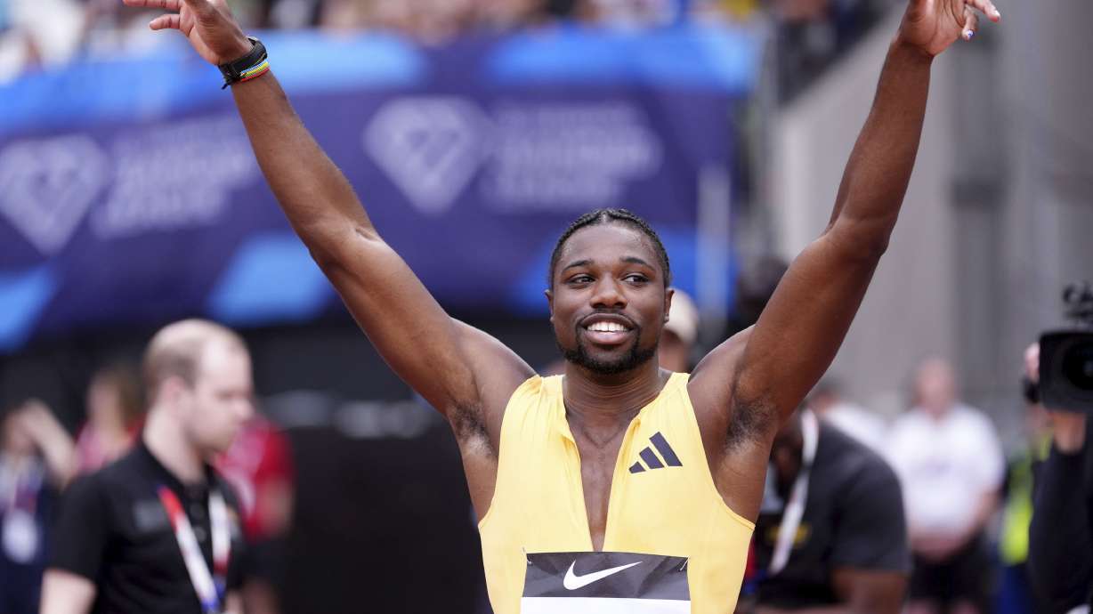 Winner Noah Lyles of the U.S. celebrates after the Men's 100m Final during the Diamond League London Athletics Meet in London, England, Saturday, July 20, 2024.