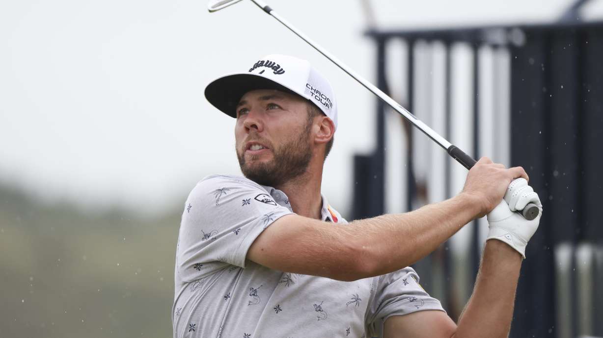 Sam Burns of the United States hits of the 14th tee during his third round of the British Open Golf Championships at Royal Troon golf club in Troon, Scotland, Saturday, July 20, 2024.
