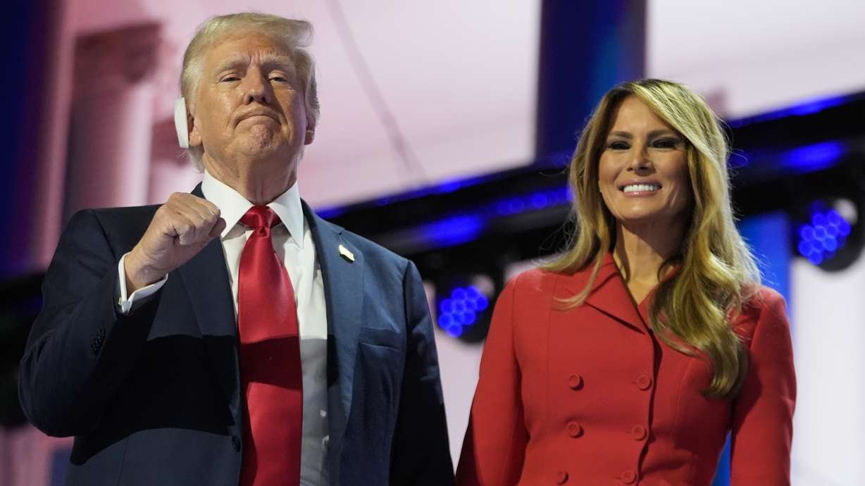 Republican presidential candidate former President Donald Trump and Melania Trump during the final day of the Republican National Convention Thursday in Milwaukee.