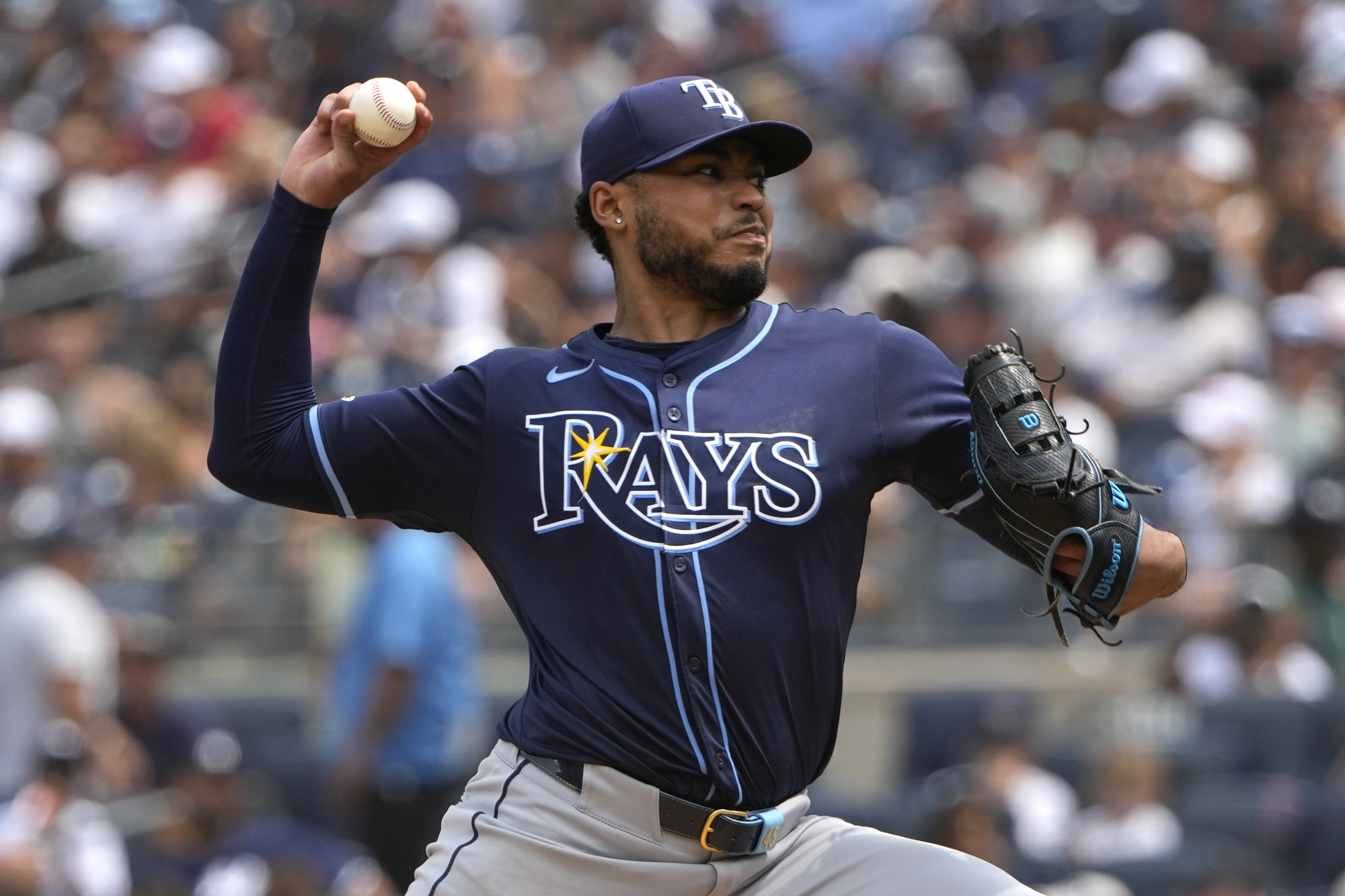 Tampa Bay Rays' Taj Bradley pitches during the fifth inning of a baseball game against the New York Yankees, Saturday, July 20, 2024, in New York. 