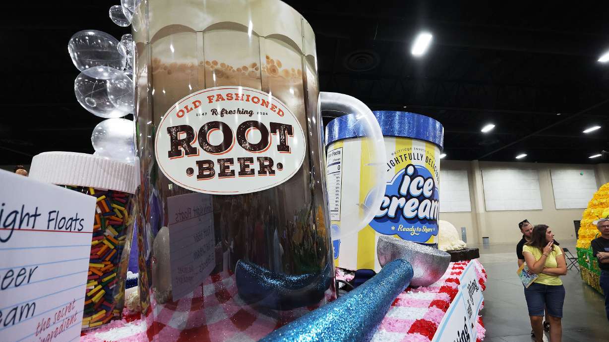 The Draper Eastridge Stake float and other Pioneer Day Parade floats during a preview at the Mountain America Expo Center in Sandy on July 20, 2024.