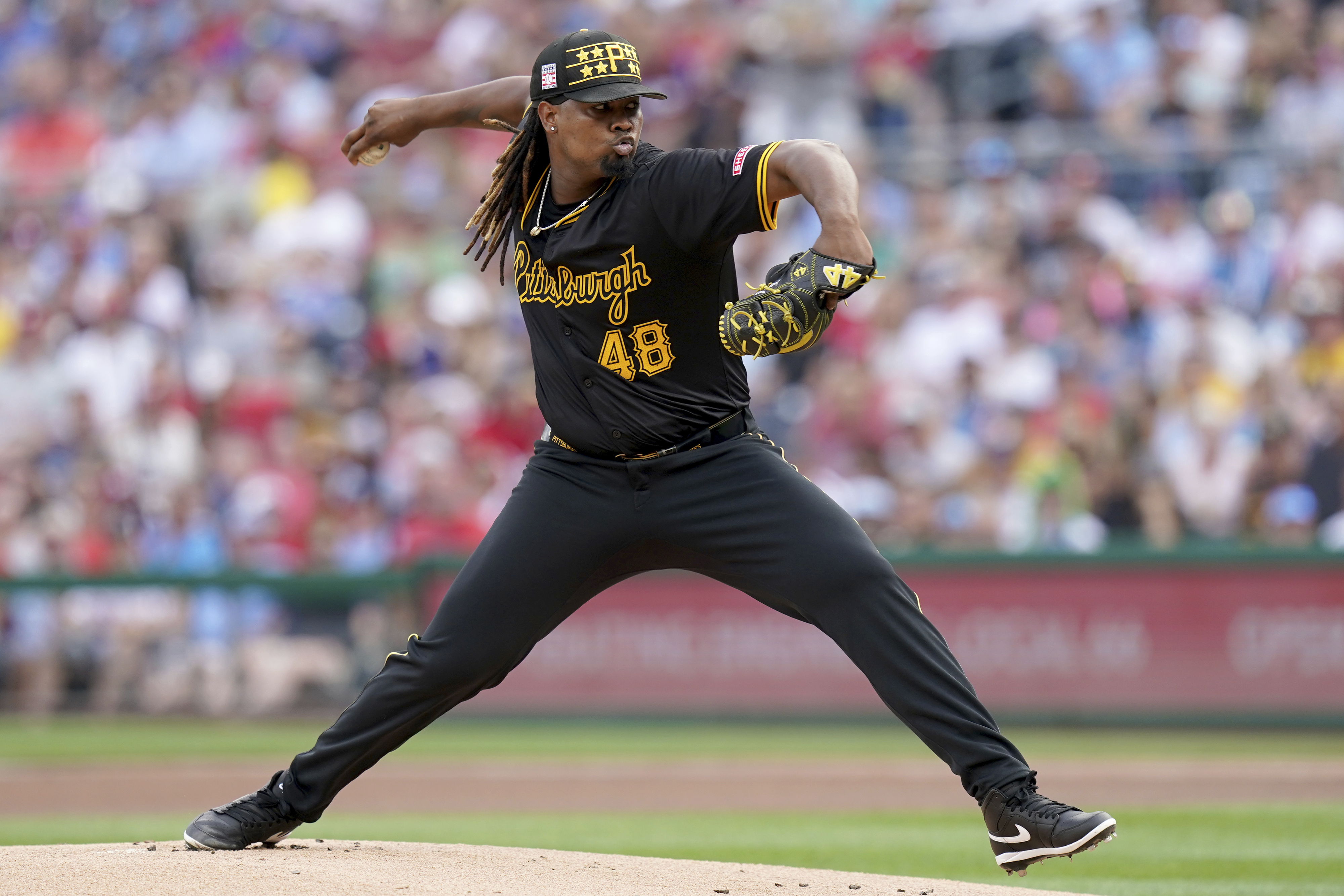 Pittsburgh Pirates starting pitcher Luis Ortiz delivers during the first inning of a baseball game against the Philadelphia Phillies Saturday, July 20, 2024, in Pittsburgh. 