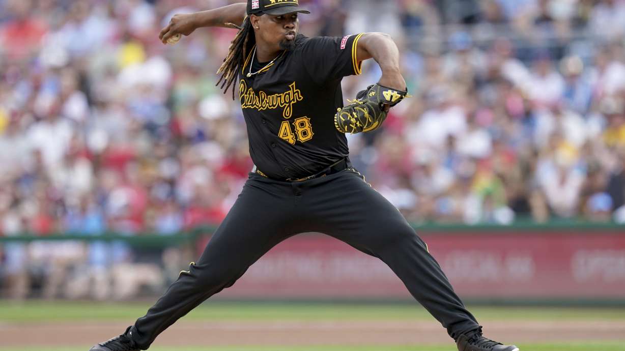 Pittsburgh Pirates starting pitcher Luis Ortiz delivers during the first inning of a baseball game against the Philadelphia Phillies Saturday, July 20, 2024, in Pittsburgh.