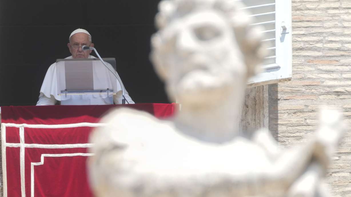 Pope Francis delivers the Angelus noon prayer in St. Peter's Square, at the Vatican, Sunday, July 21, 2024.