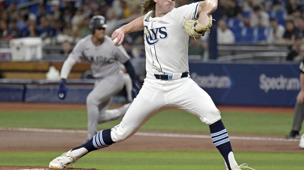 Tampa Bay Rays starter Ryan Pepiot pitches against the New York Yankees during the first inning of a baseball game Tuesday, July 9, 2024, in St. Petersburg, Fla.