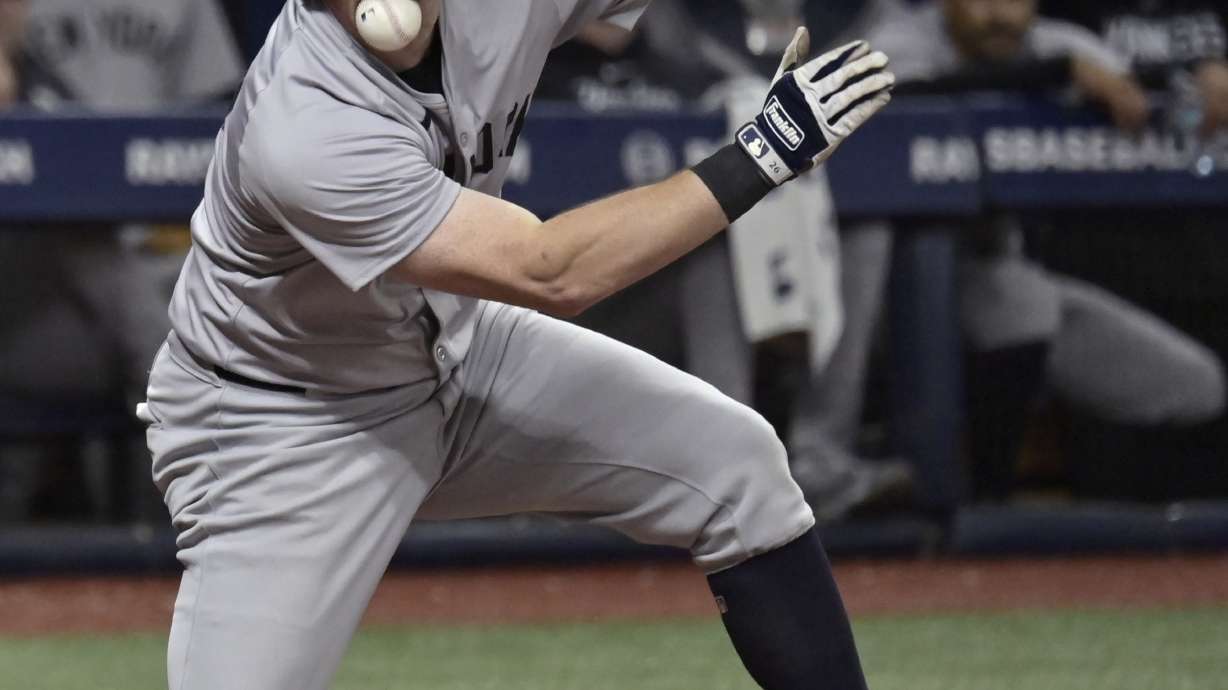 A foul ball bounces into the throat of New York Yankees' DJ LeMahieu during the seventh inning of a baseball game against the Tampa Bay Rays, Wednesday, July 10, 2024, in St. Petersburg, Fla.