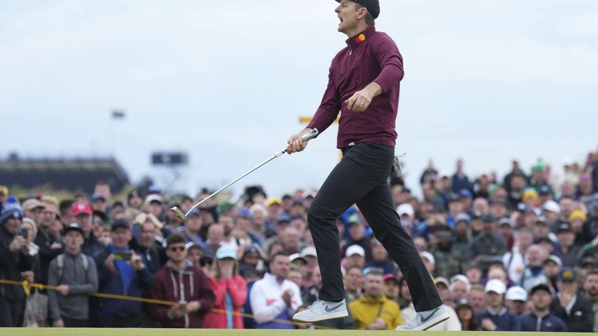 Justin Rose of England reacts after missing a putt on the 12th green during his final round of the British Open Golf Championships at Royal Troon golf club in Troon, Scotland, Sunday, July 21, 2024.