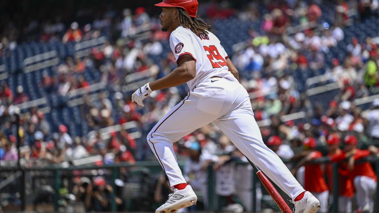 Washington Nationals' James Wood starts to run after hitting a single during the second inning of a baseball game against the Cincinnati Reds, Sunday, July 21, 2024, in Washington.