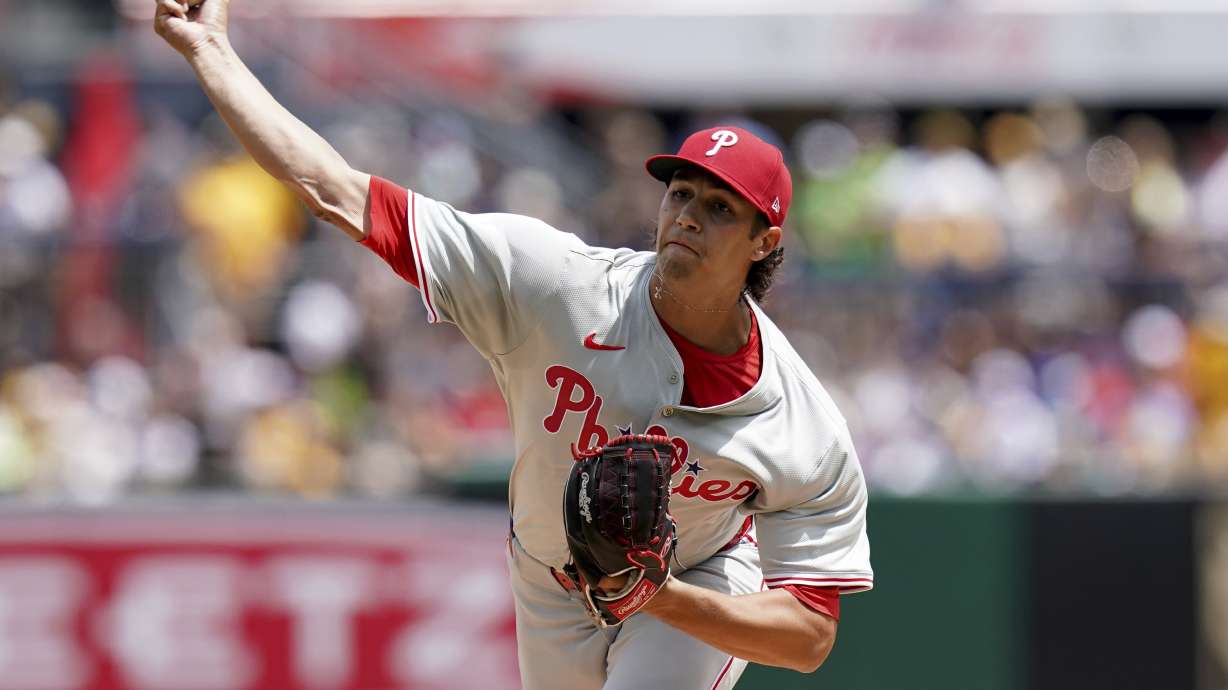 Philadelphia Phillies starting pitcher Tyler Phillips delivers during the first inning of a baseball game against the Pittsburgh Pirates, Sunday, July 21, 2024, in Pittsburgh.