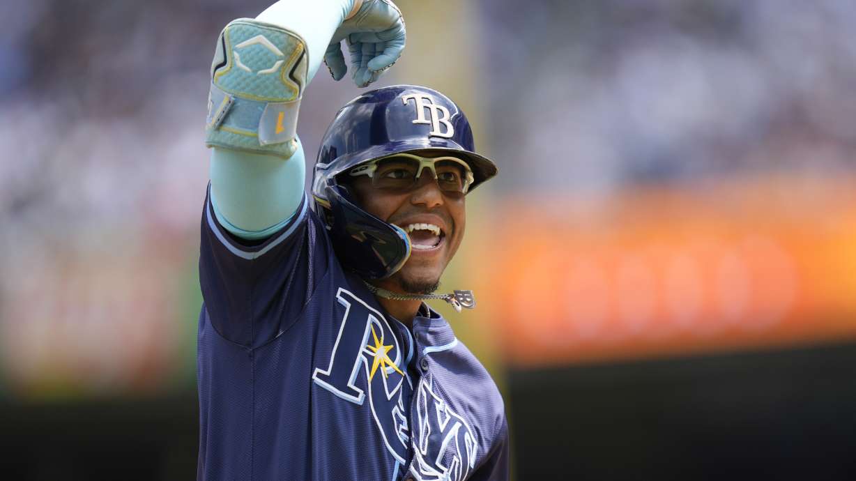 Tampa Bay Rays' Richie Palacios celebrates his solo home run during the first inning of the baseball game against the New York Yankees, Sunday, July 21, 2024, in New York.