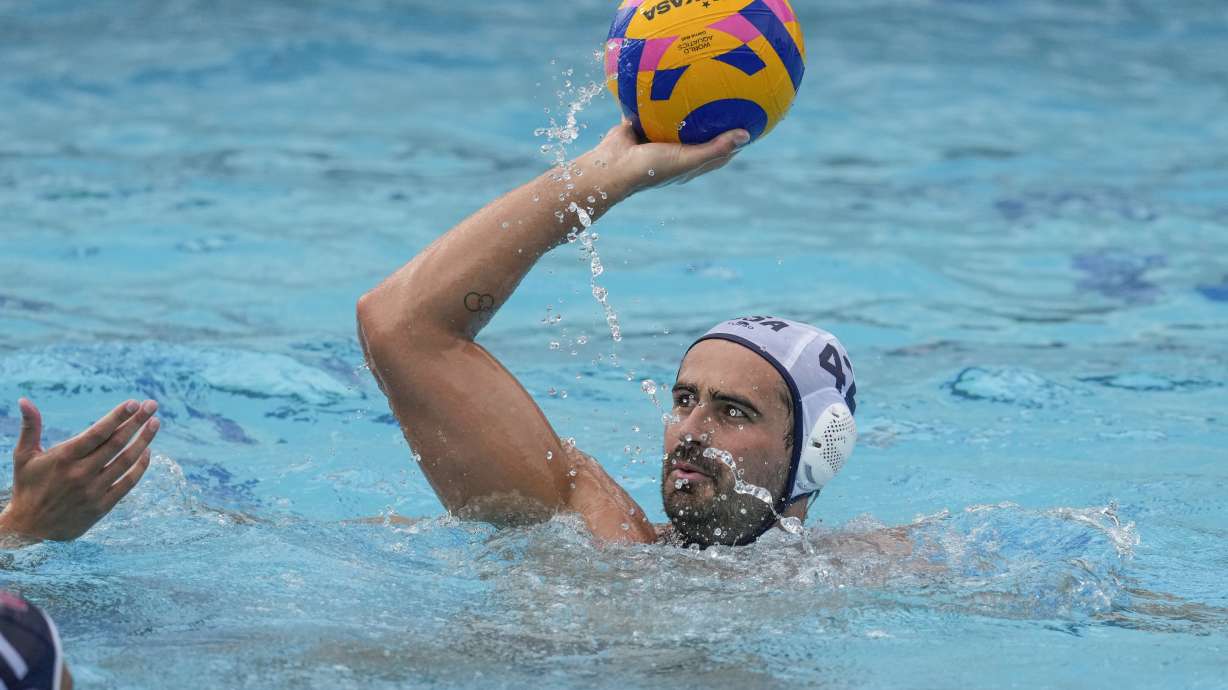 U.S. Men's Olympic Water Polo team captain center Ben Hallock trains for the 2024 Paris Olympics at Mt. San Antonio College in Walnut, Calif., on Wednesday, Jan. 17, 2024. The American captain hopes to lead the U.S. men to the program's first podium finish since it won silver in 2008.