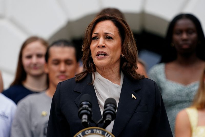 Vice President Kamala Harris, delivers remarks to the women and men's NCAA champion teams in her first public appearance since President Joe Biden dropped out of the 2024 race, on the South Lawn of the White House, Washington, Monday.