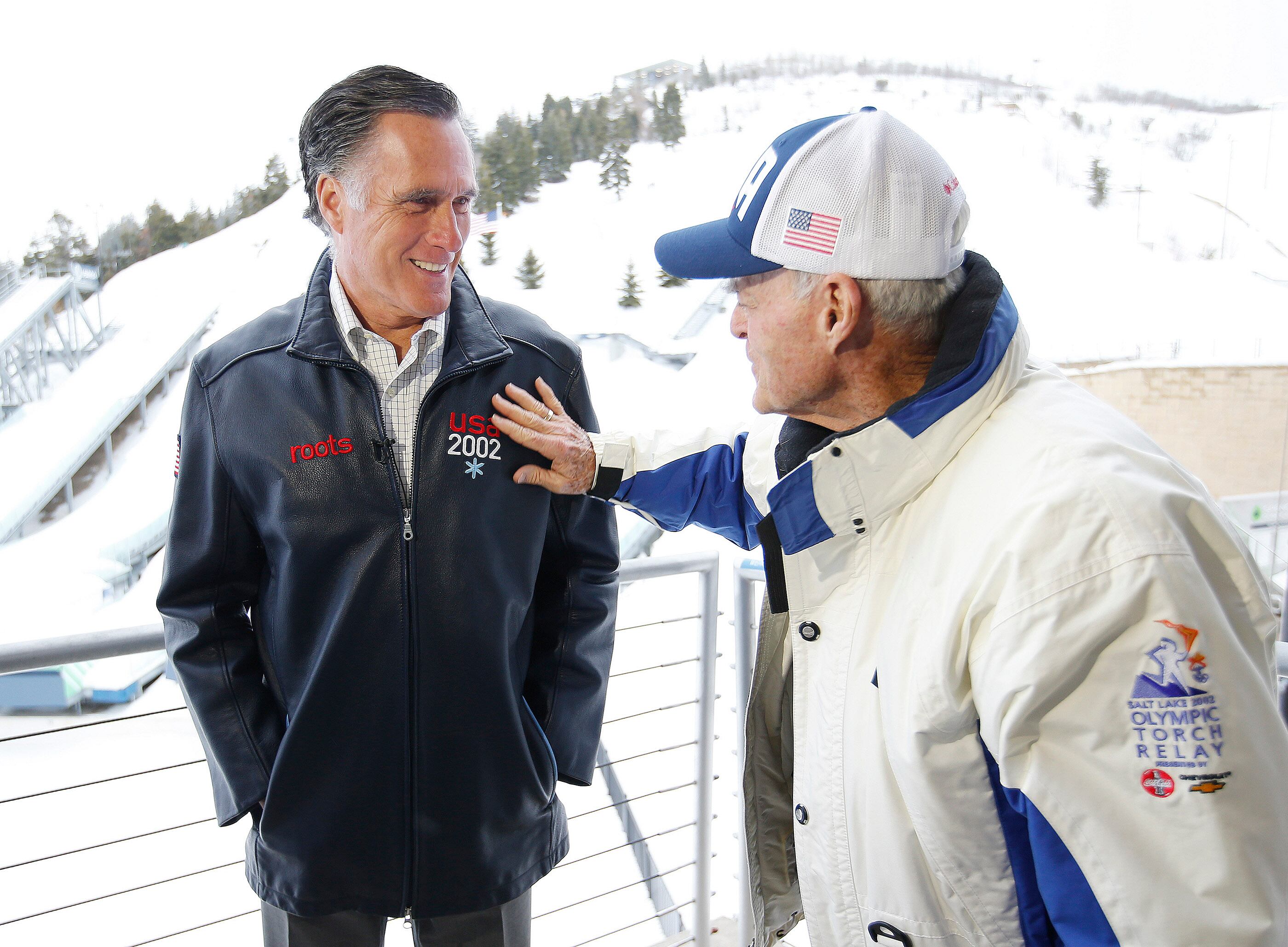 Mitt Romney, left, talks with Spence Eccles at the Utah Olympic Park in Park City on Feb. 3, 2017. Romney was at the park for a staff celebration of the 15-year anniversary of the 2002 Olympics.