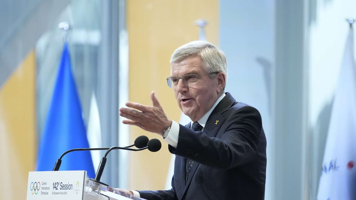 IOC President Thomas Bach speaks during the IOC Session Opening Ceremony at the Louis Vuitton Foundation ahead of the 2024 Summer Olympics, Monday, July 22, 2024, in Paris, France.