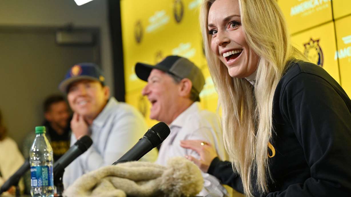 Utah Royals owners Lindsey Vonn, Ryan Smith and David Blitzer talk at a press conference at America First Field in Sandy on March 16. Vonn, a gold medalist who made her Olympic debut in 2002, is part of Utah’s final pitch for another Olympics.