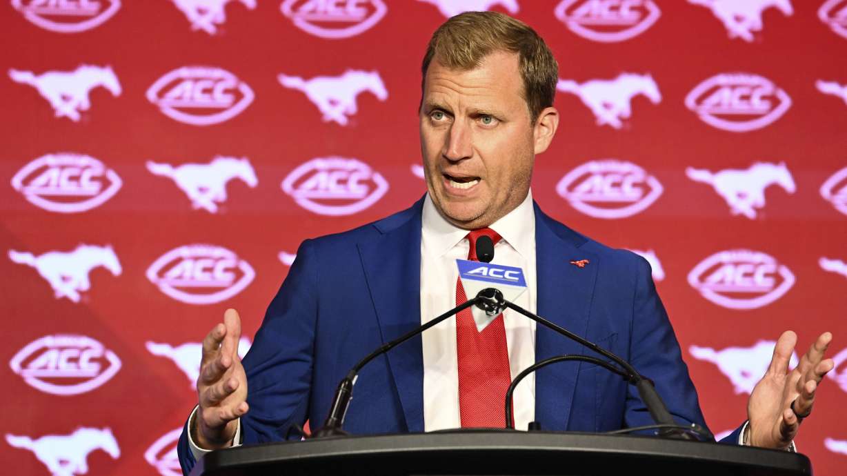 SMU head coach Rhett Lashlee speaks during the Atlantic Coast Conference NCAA college football media days, Monday, July 22, 2024, in Charlotte, N.C.