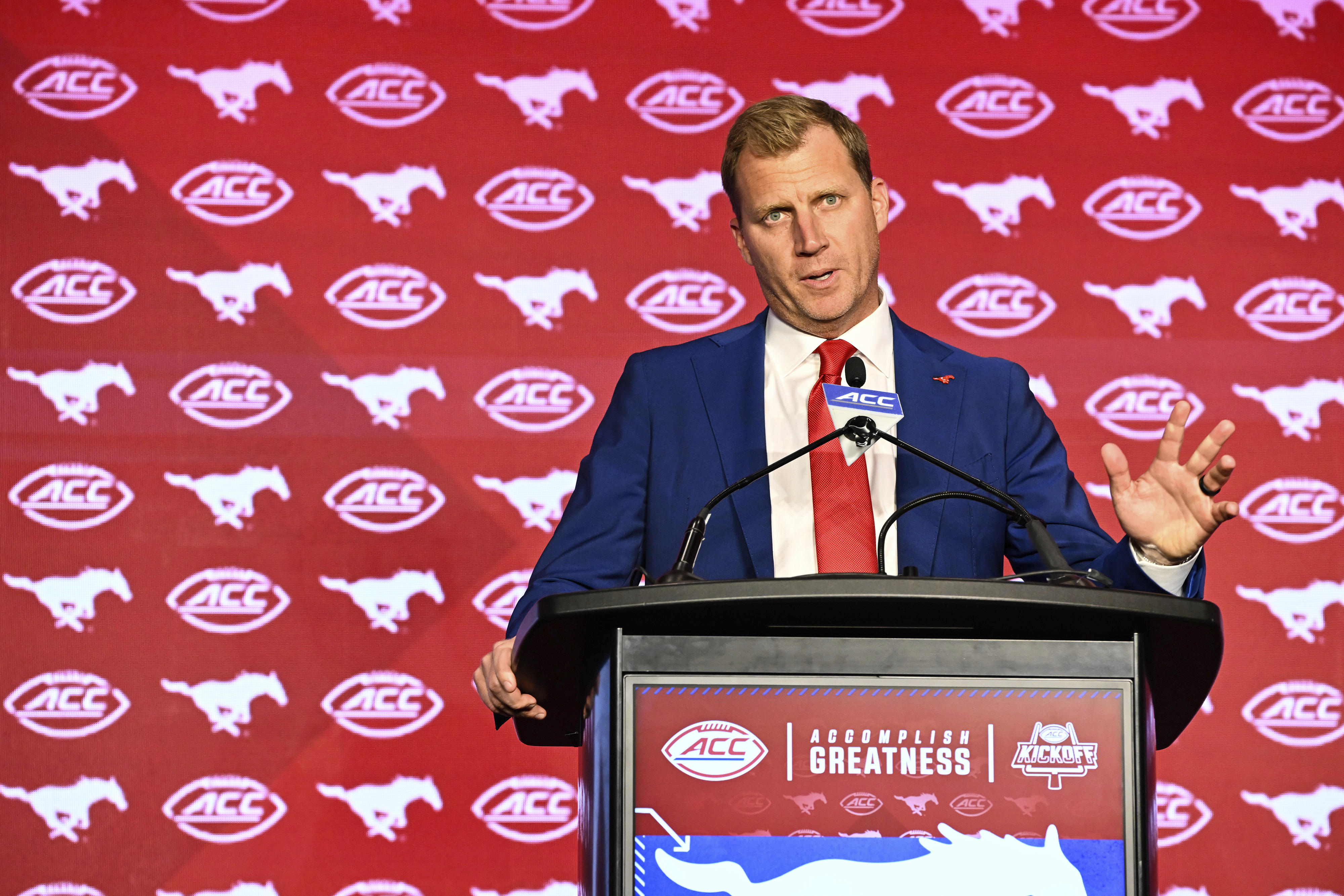 SMU head coach Rhett Lashlee speaks during the Atlantic Coast Conference NCAA college football media days, Monday, July 22, 2024, in Charlotte, N.C.