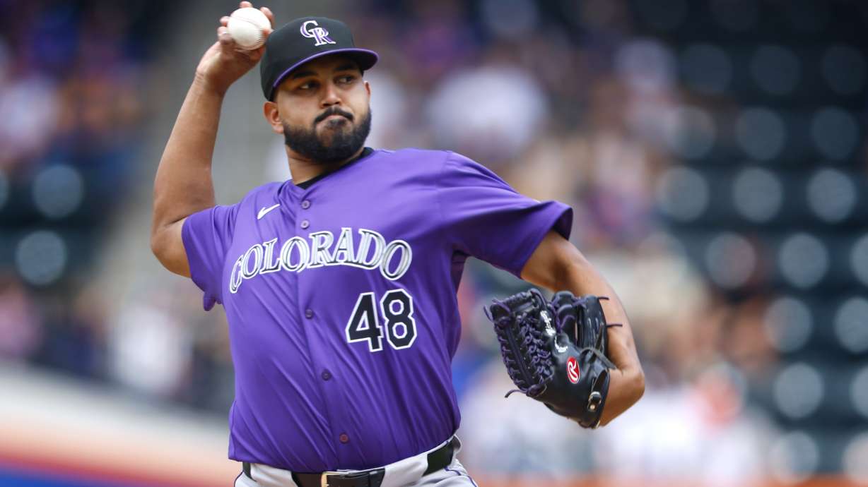 Colorado Rockies' German Marquez pitches against the New York Mets' during the first inning of a baseball game, Sunday, July 14, 2024, in New York.