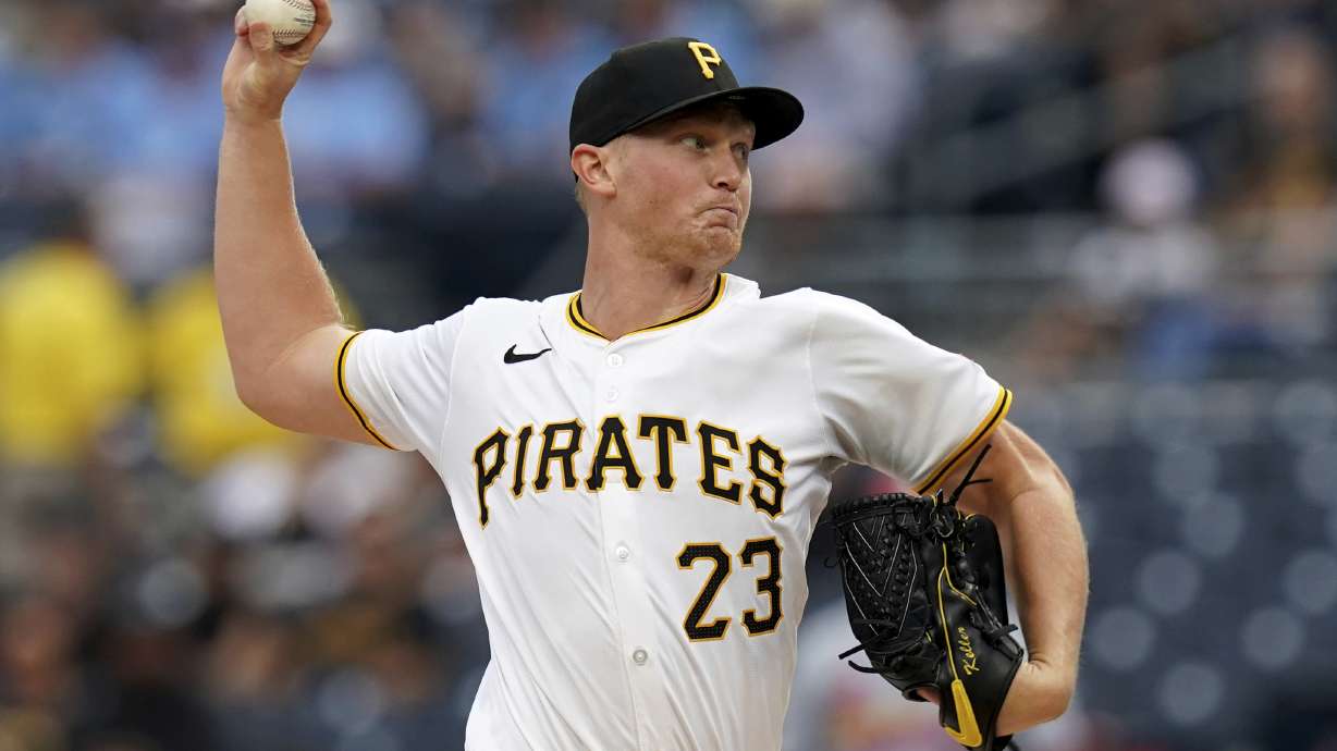 Pittsburgh Pirates starting pitcher Mitch Keller delivers during the first inning of a baseball game against the St. Louis Cardinals, Monday, July 22, 2024, in Pittsburgh.
