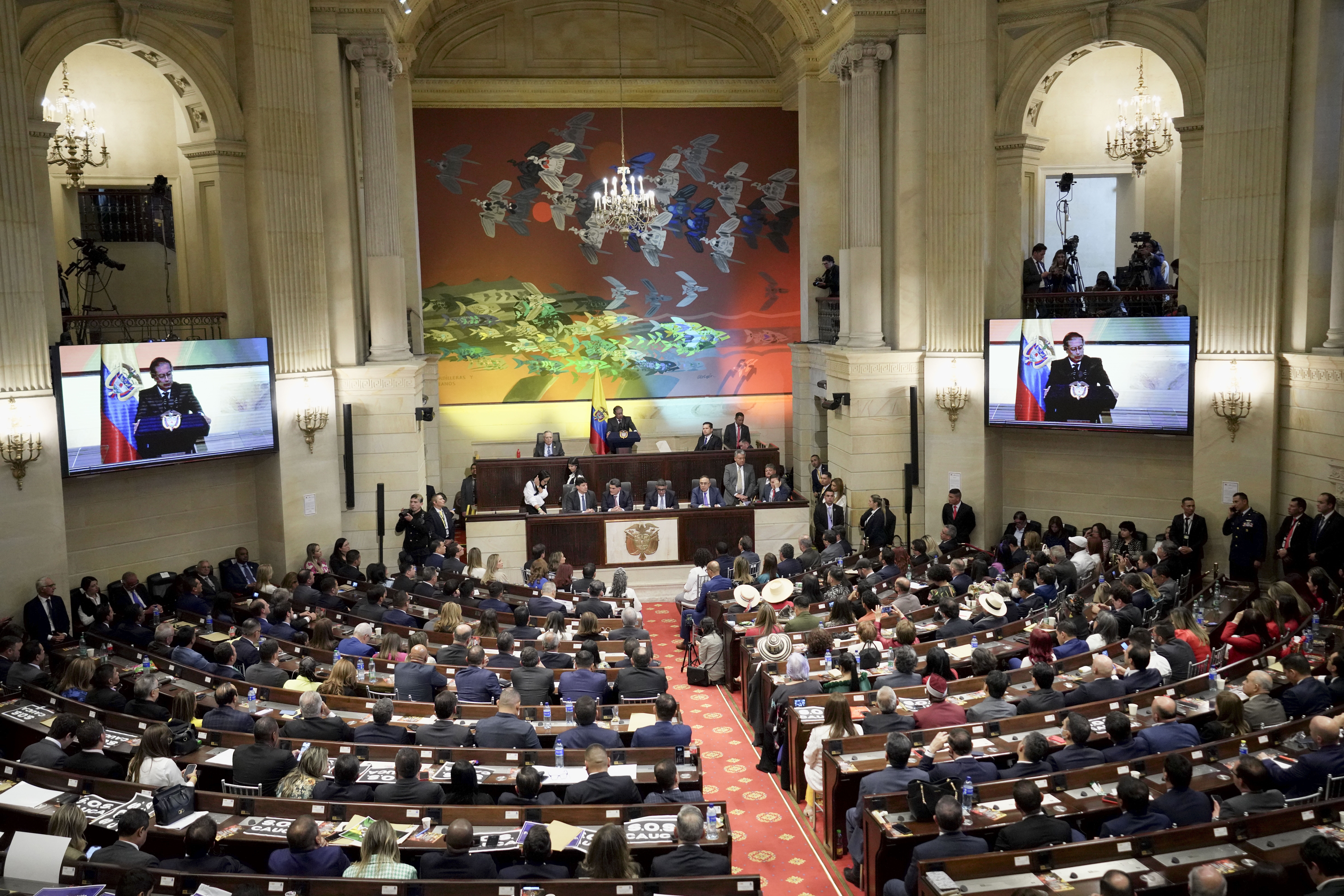 Colombian President Gustavo Petro delivers a speech during the opening session of the new congressional year in Bogota, Colombia, Saturday, July 20, 2024. 