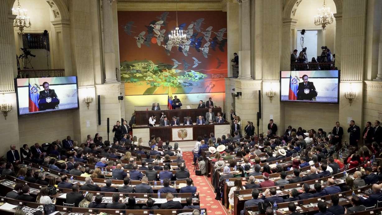 Colombian President Gustavo Petro delivers a speech during the opening session of the new congressional year in Bogota, Colombia, Saturday, July 20, 2024.
