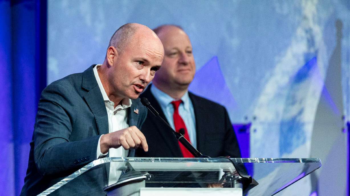 National Governors Association Chairman Utah Gov. Spencer Cox speaks as he’s joined by incoming chairman Colorado Gov. Jared Polis during the association's 2024 summer meeting at the Grand America Hotel in Salt Lake City on July 12.