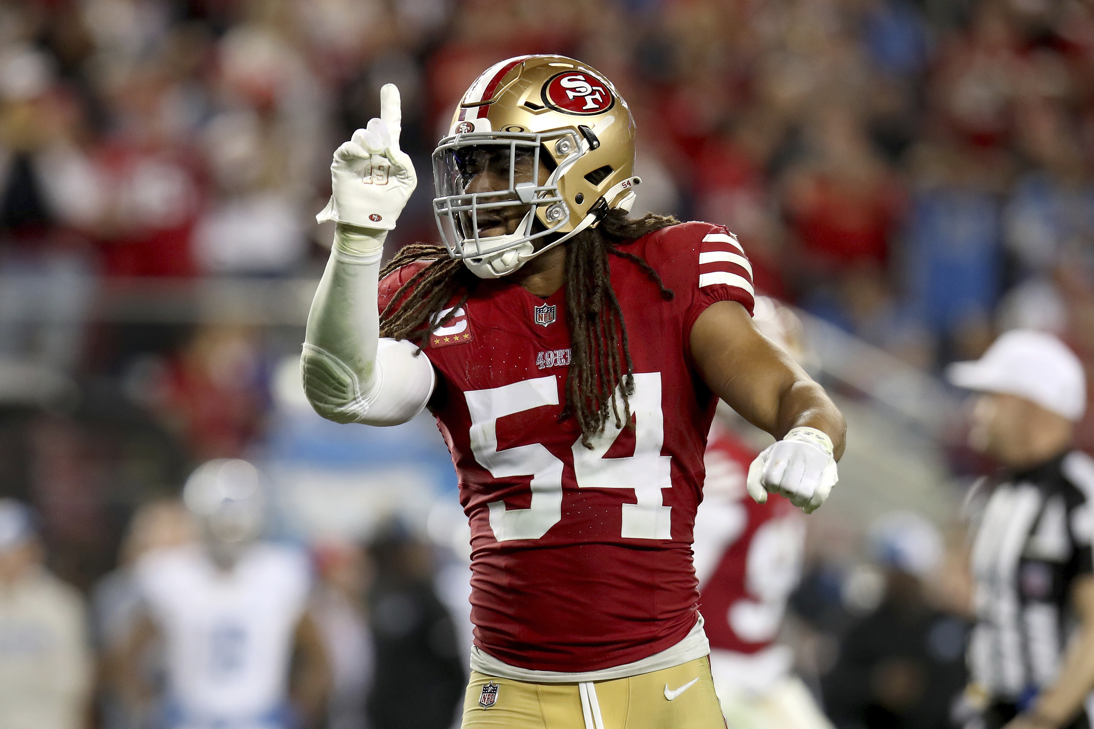 FILE - San Francisco 49ers linebacker Fred Warner gestures during the NFC Championship NFL football game against the Detroit Lions in Santa Clara, Calif., Sunday, Jan. 28, 2024. (AP Photo/Scot Tucker, File(