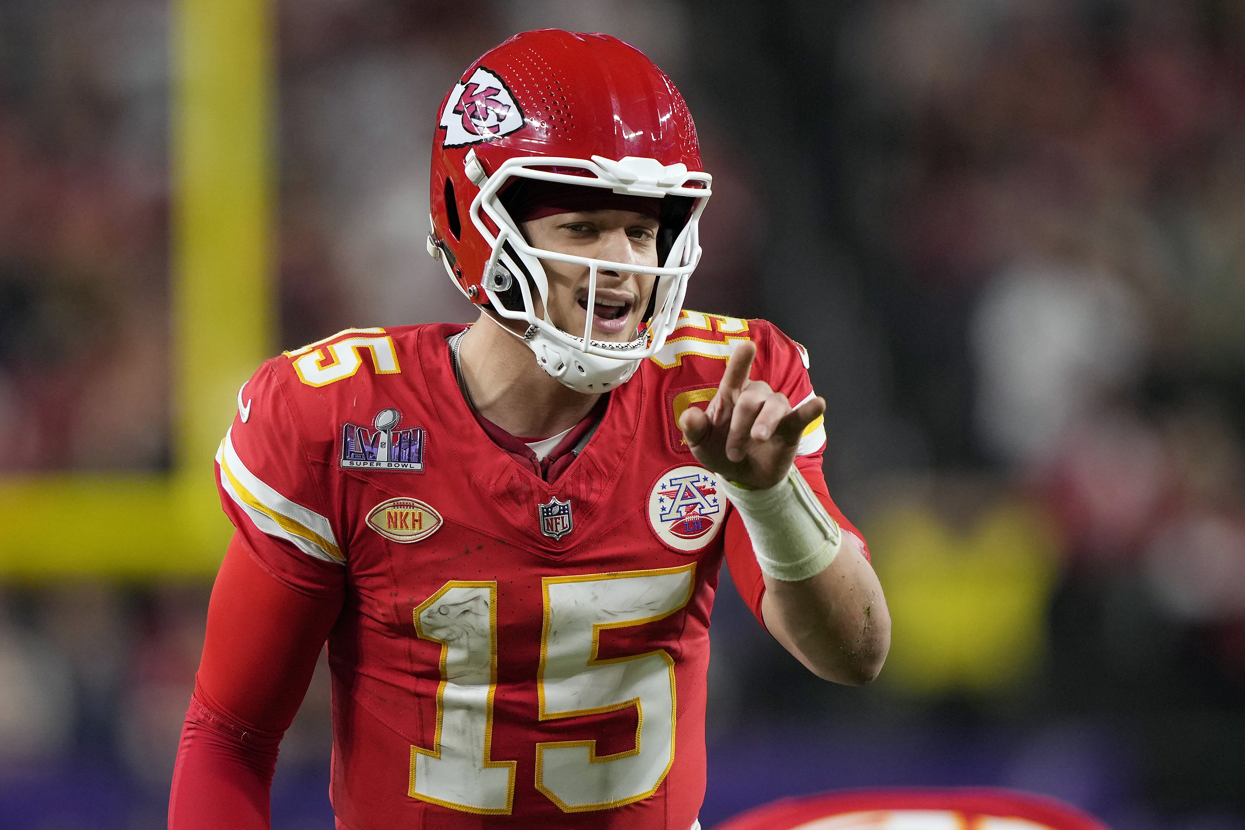 FILE - Kansas City Chiefs quarterback Patrick Mahomes (15) calls a play against the San Francisco 49ers in NFL Super Bowl 58 football game Sunday, Feb. 11, 2024, in Las Vegas.