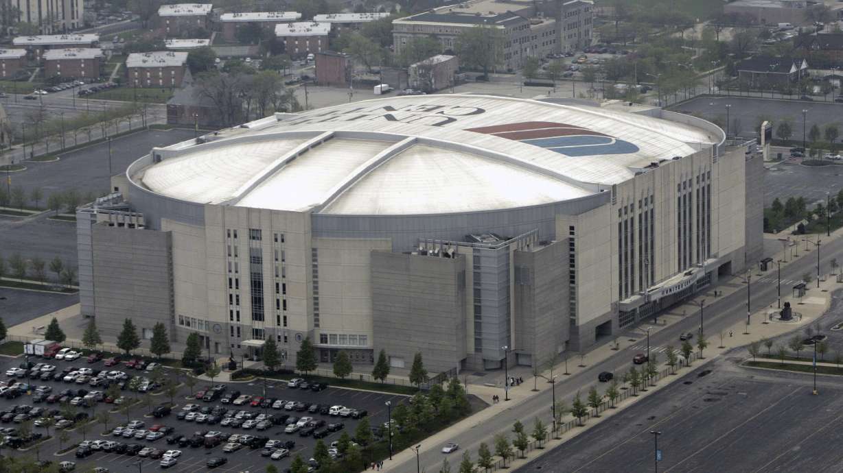 FILE - This is an aerial photograph of the United Center taken Monday, May 1, 2006, in Chicago. The owners of the NBA's Chicago Bulls and NHL's Blackhawks unveiled a $7 billion plan Tuesday, July 23, 2024, to replace the parking lots surrounding the United Center with green space, mixed-income housing, a music hall and more.