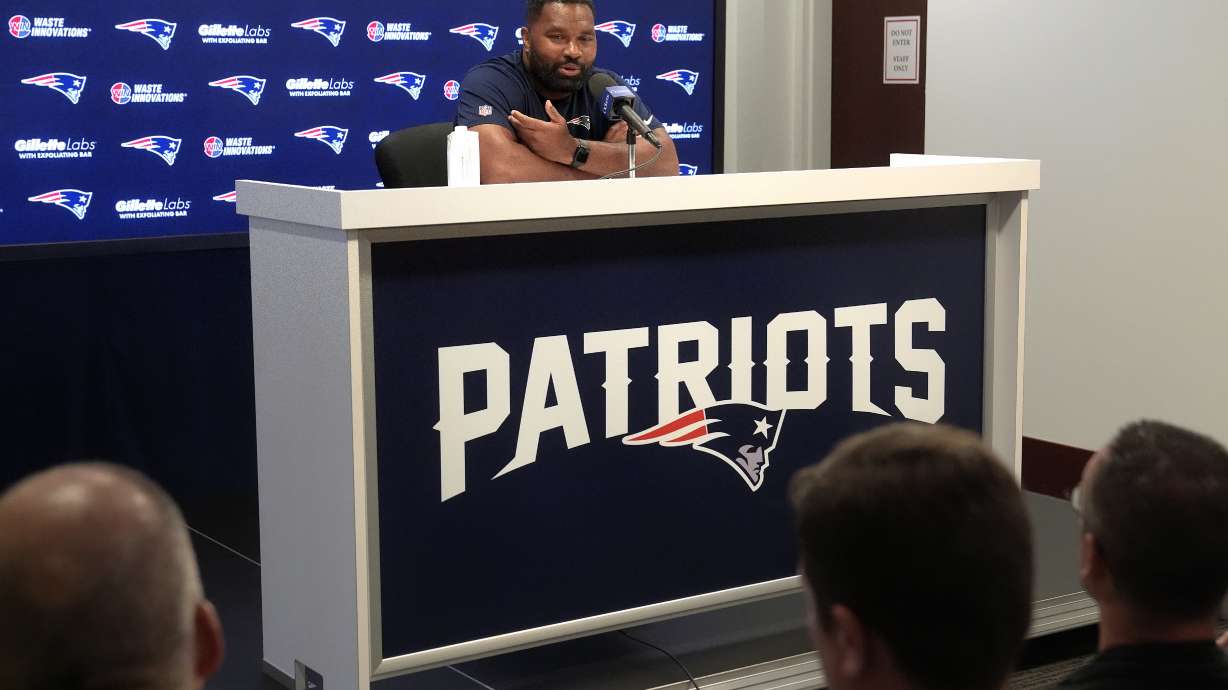 New England Patriots head coach Jerod Mayo faces reporters during an NFL football news conference, Tuesday, July 23, 2024, in Foxborough, Mass.