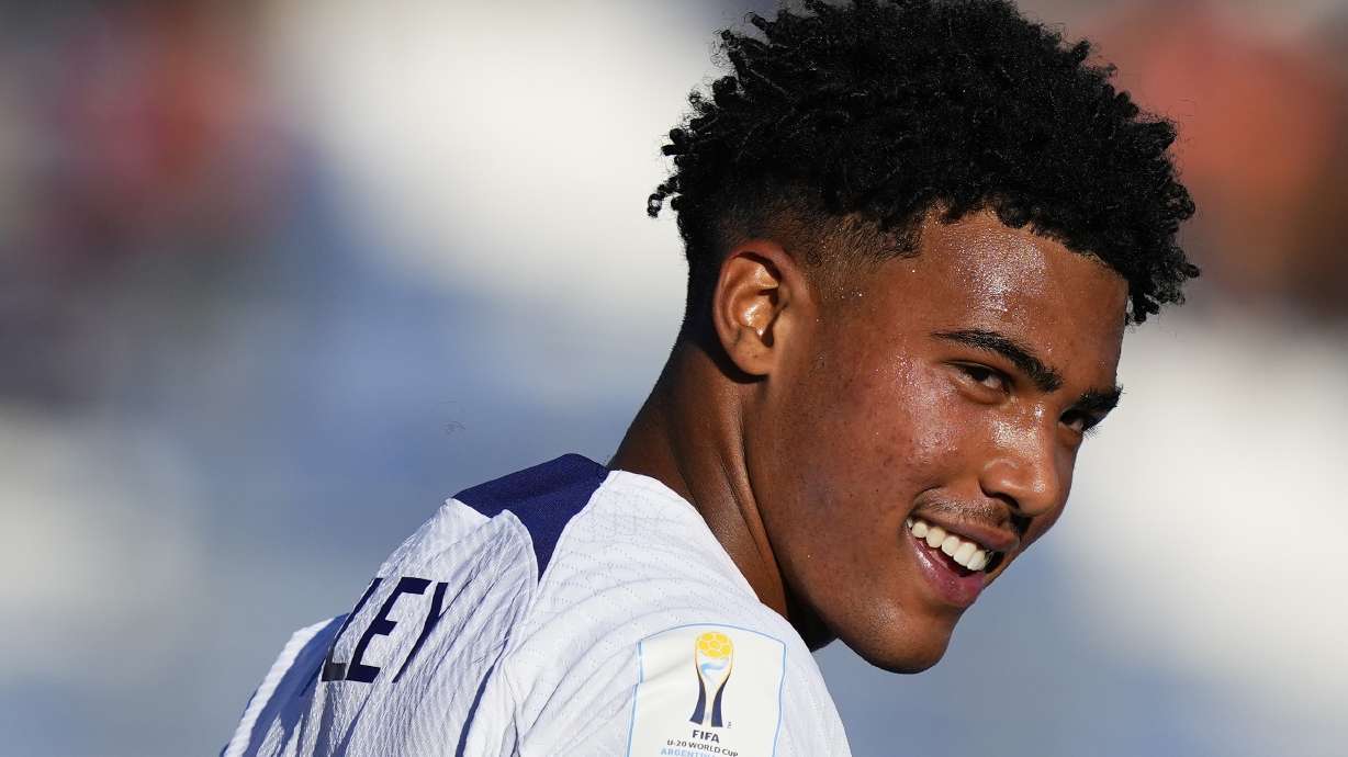 FILE - Caleb Wiley of the United States celebrates after scoring a goal at Bicentenario stadium in San Juan, Argentina, May 23, 2023. The U.S. men’s national team plays at the Olympics for the first time since 2008 when it takes on host nation and one of the tournament favorites France in Marseille on Wednesday, July 24, 2024.