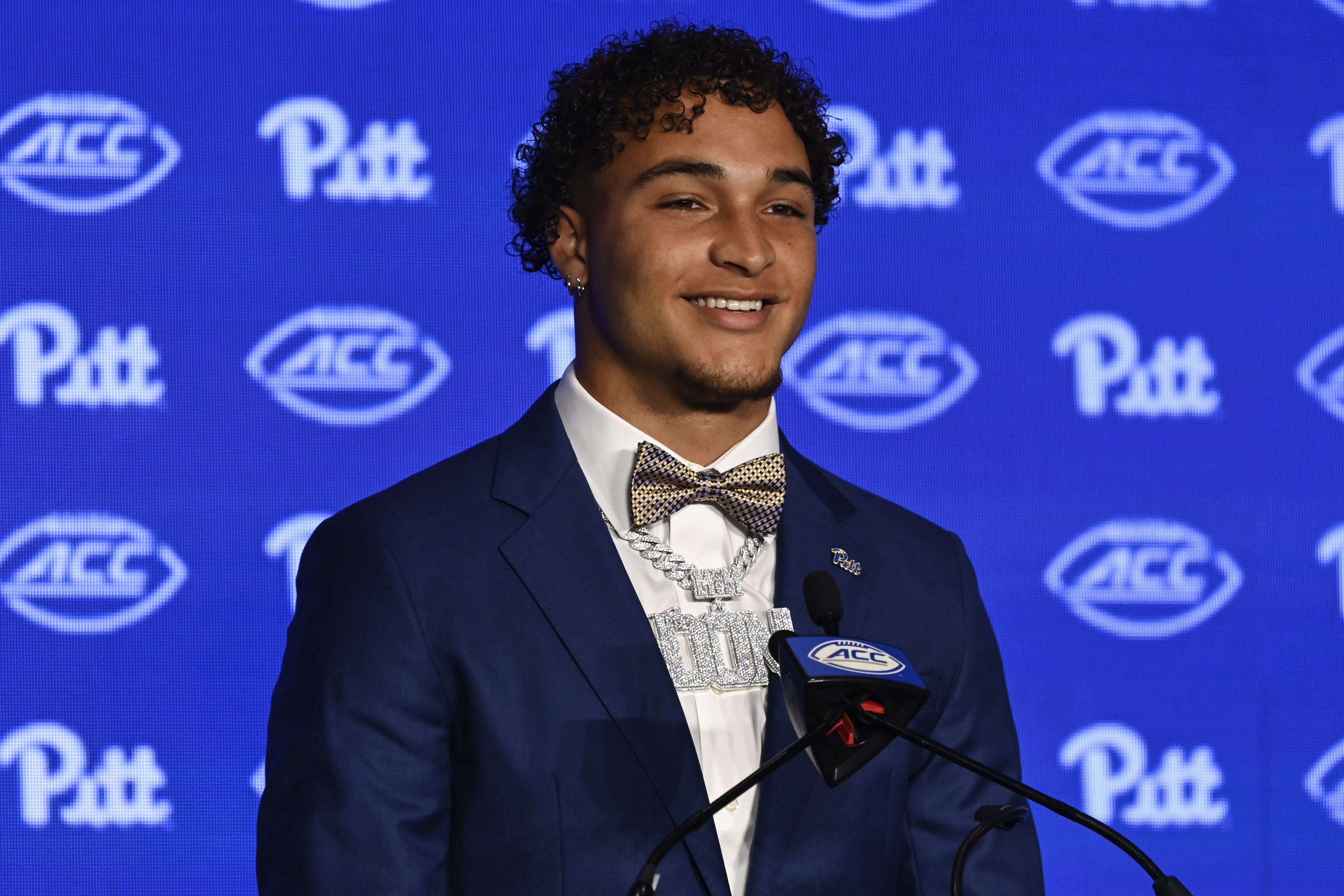 Pittsburgh defensive back Donovan McMillon smiles during the Atlantic Coast Conference NCAA college football media days, Tuesday, July 23, 2024, in Charlotte, N.C.