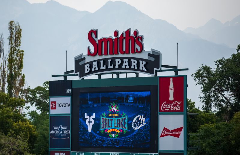 A graphic celebrating the arrival of Los Venados de Mazatlán and Los Charros de Jalisco for Béisbol en Salt Lake is displayed on the Smith's Ballpark scoreboard Tuesday morning. The two clubs will play at Smith's Ballpark in October. - Carter Williams, KSL.com