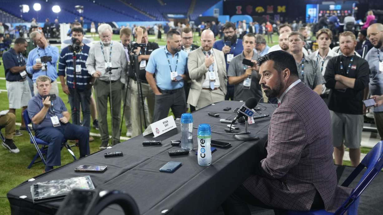 Ohio State head coach Ryan Day speaks during an NCAA college football news conference at the Big Ten Conference media days at Lucas Oil Stadium, Tuesday, July 23, 2024, in Indianapolis.