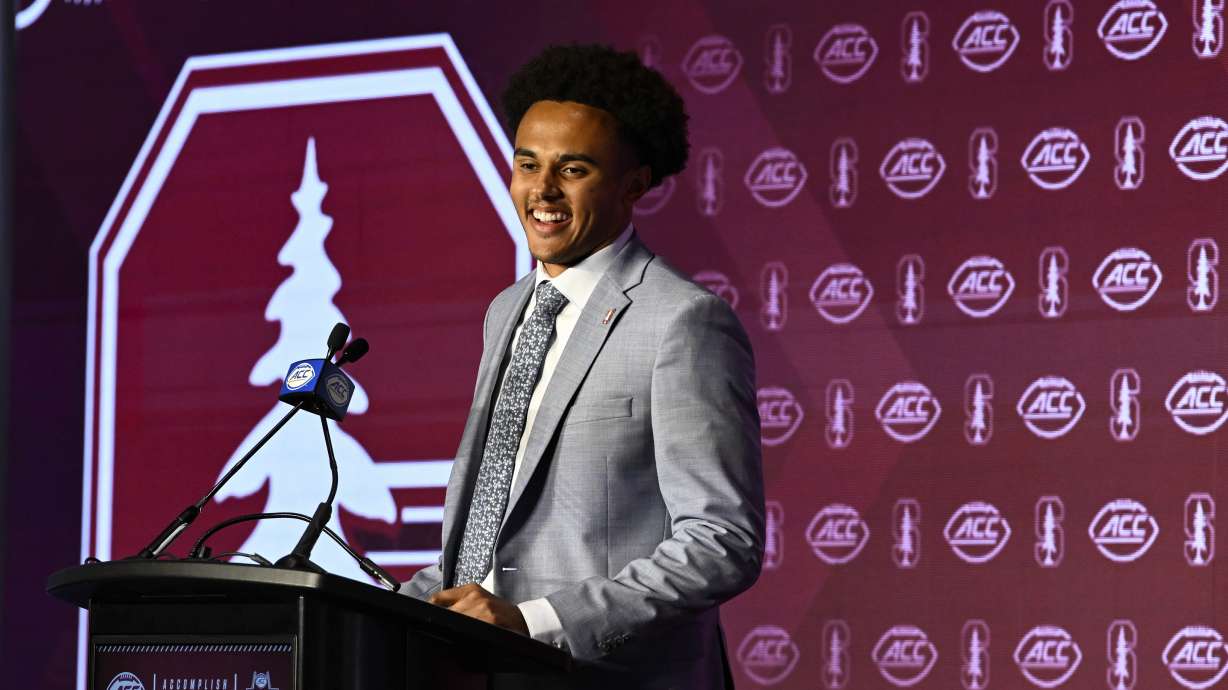 Stanford quarterback Ashton Daniels speaks during the Atlantic Coast Conference NCAA college football media days, Tuesday, July 23, 2024, in Charlotte, N.C.