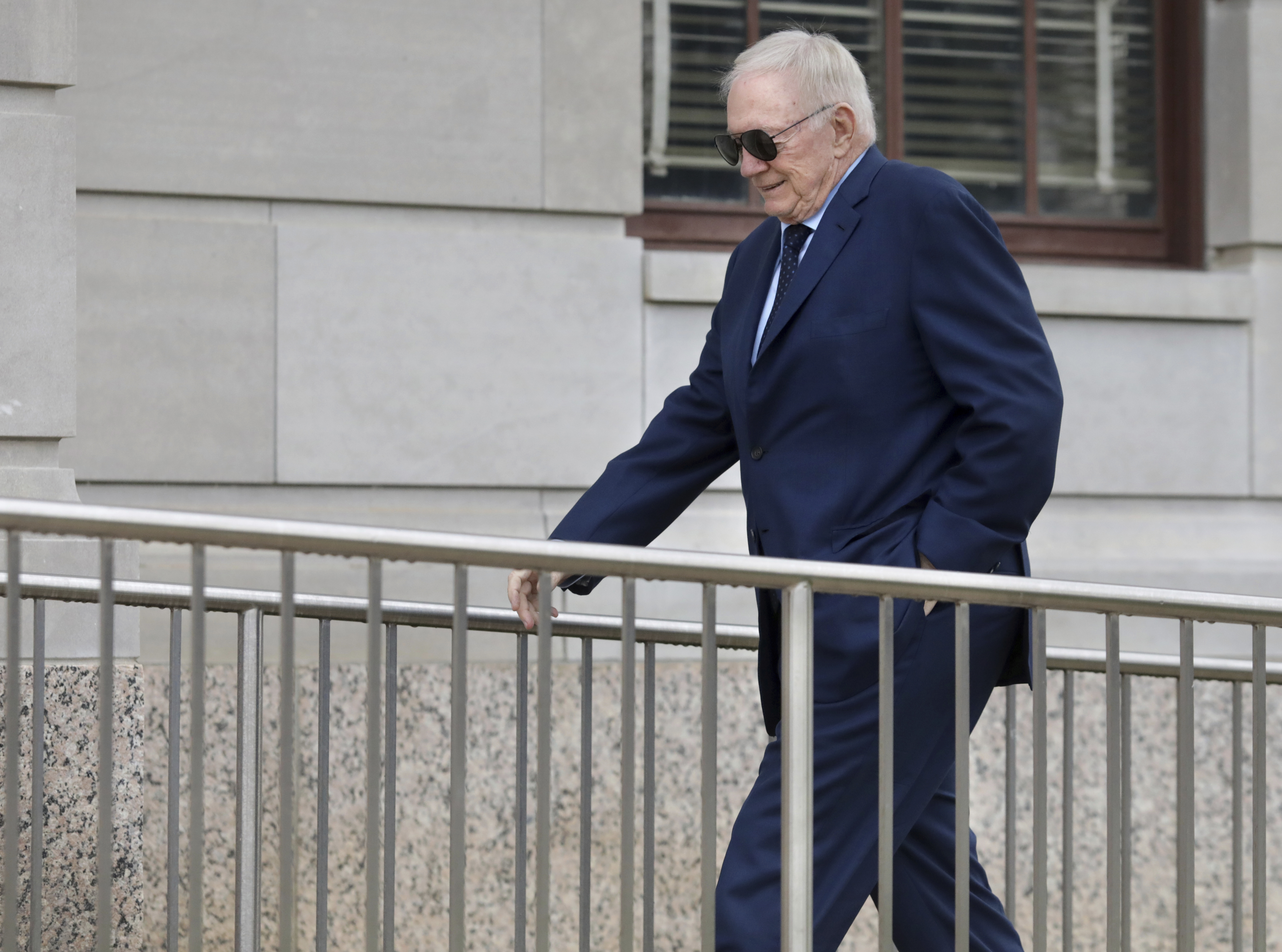 Dallas Cowboys owner Jerry Jones arrives at the federal courthouse in Texarkana, Texas, Monday, July 22, 2024. Testimony started Monday in Jones' countersuit against Alexandra Davis, who alleges she is his biological daughter. 