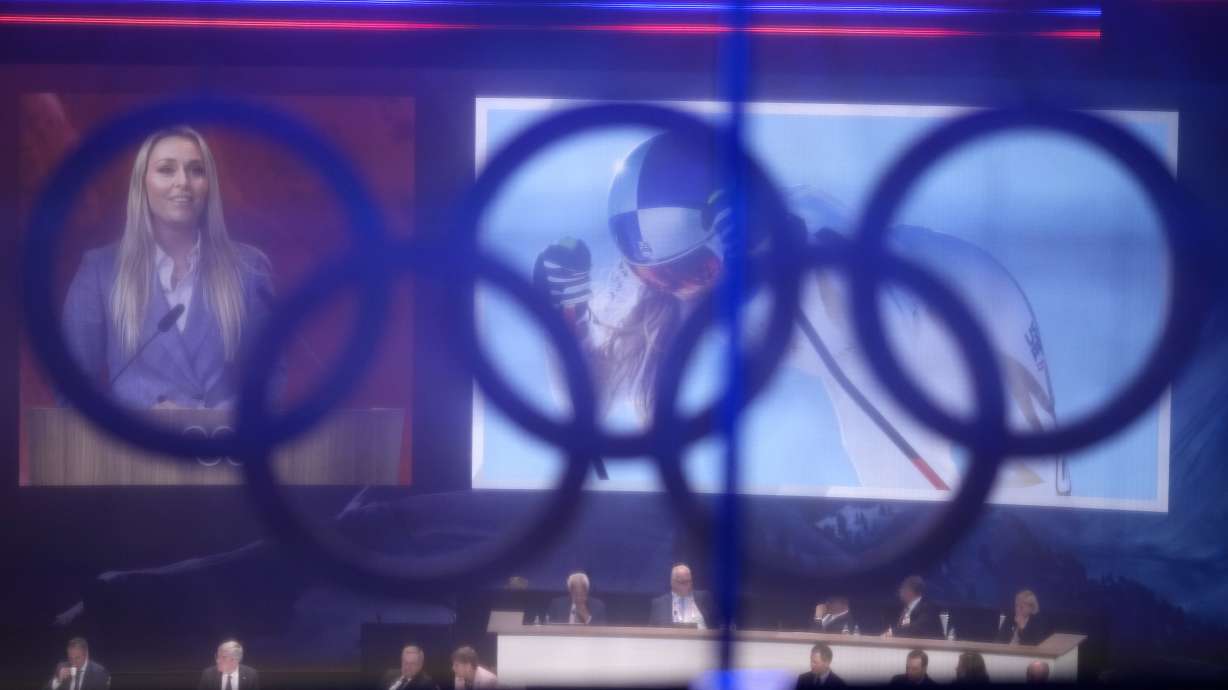 U.S. alpine skier Lindsey Vonn speaks about Salt Lake City's bid to host the 2034 Winter Olympics, during the 142nd IOC session at the 2024 Summer Olympics, Wednesday, July 24, 2024, in Paris, France.