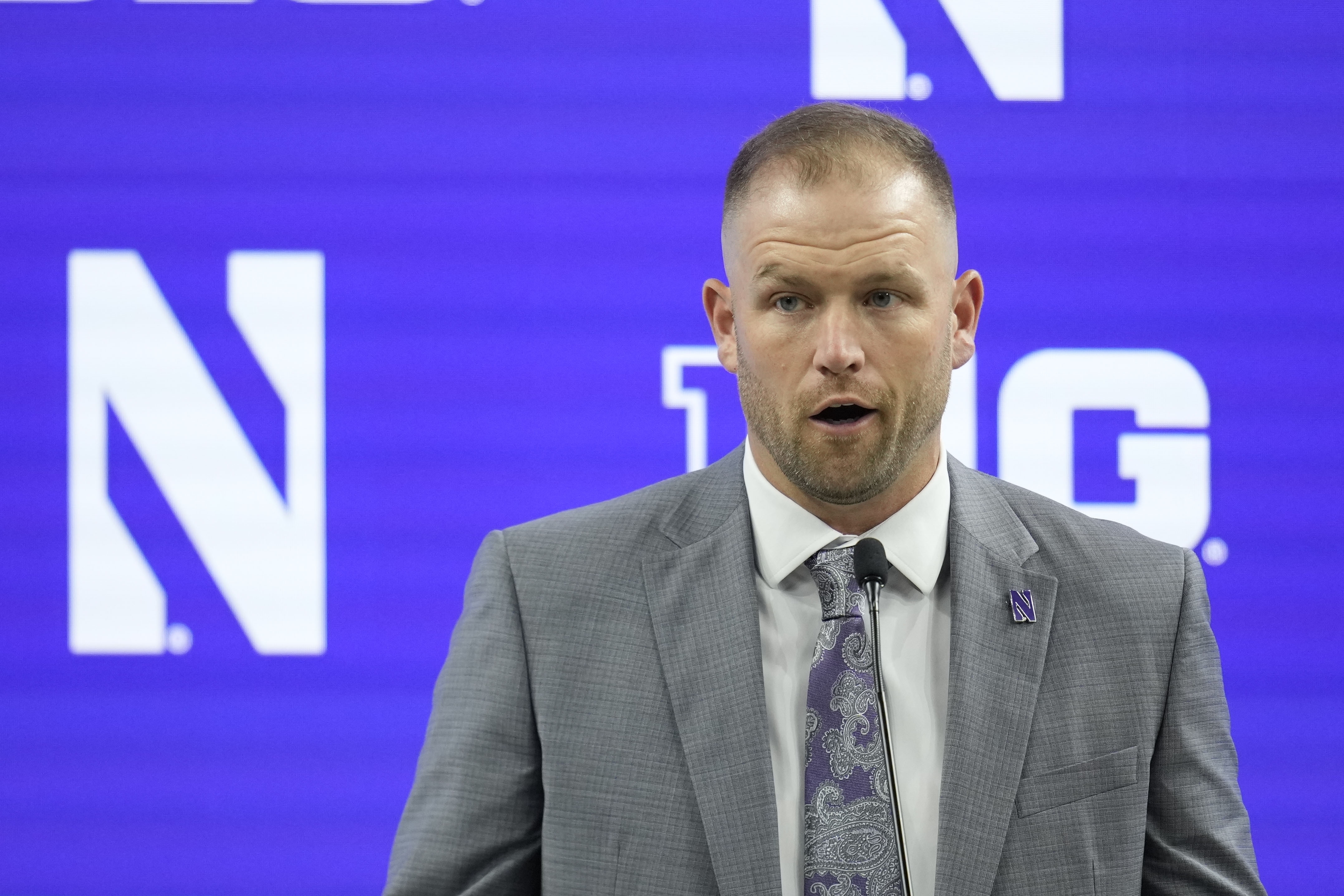 Northwestern head coach David Braun speaks during an NCAA college football news conference at the Big Ten Conference media days at Lucas Oil Stadium, Tuesday, July 23, 2024, in Indianapolis. 