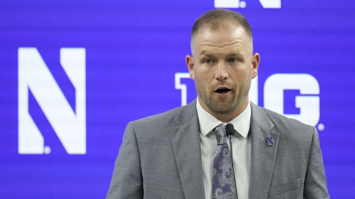 Northwestern head coach David Braun speaks during an NCAA college football news conference at the Big Ten Conference media days at Lucas Oil Stadium, Tuesday, July 23, 2024, in Indianapolis.
