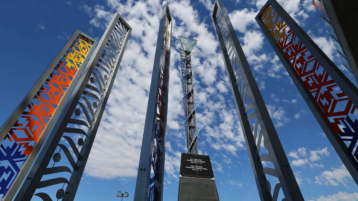 The 2002 Olympic cauldron is pictured at the Olympic and Paralympic Cauldron Plaza at the University of Utah in Salt Lake City on Wednesday, June 12. Utah's presentation in Paris to the IOC ahead of a final vote on the 2034 Winter Games had some changes.