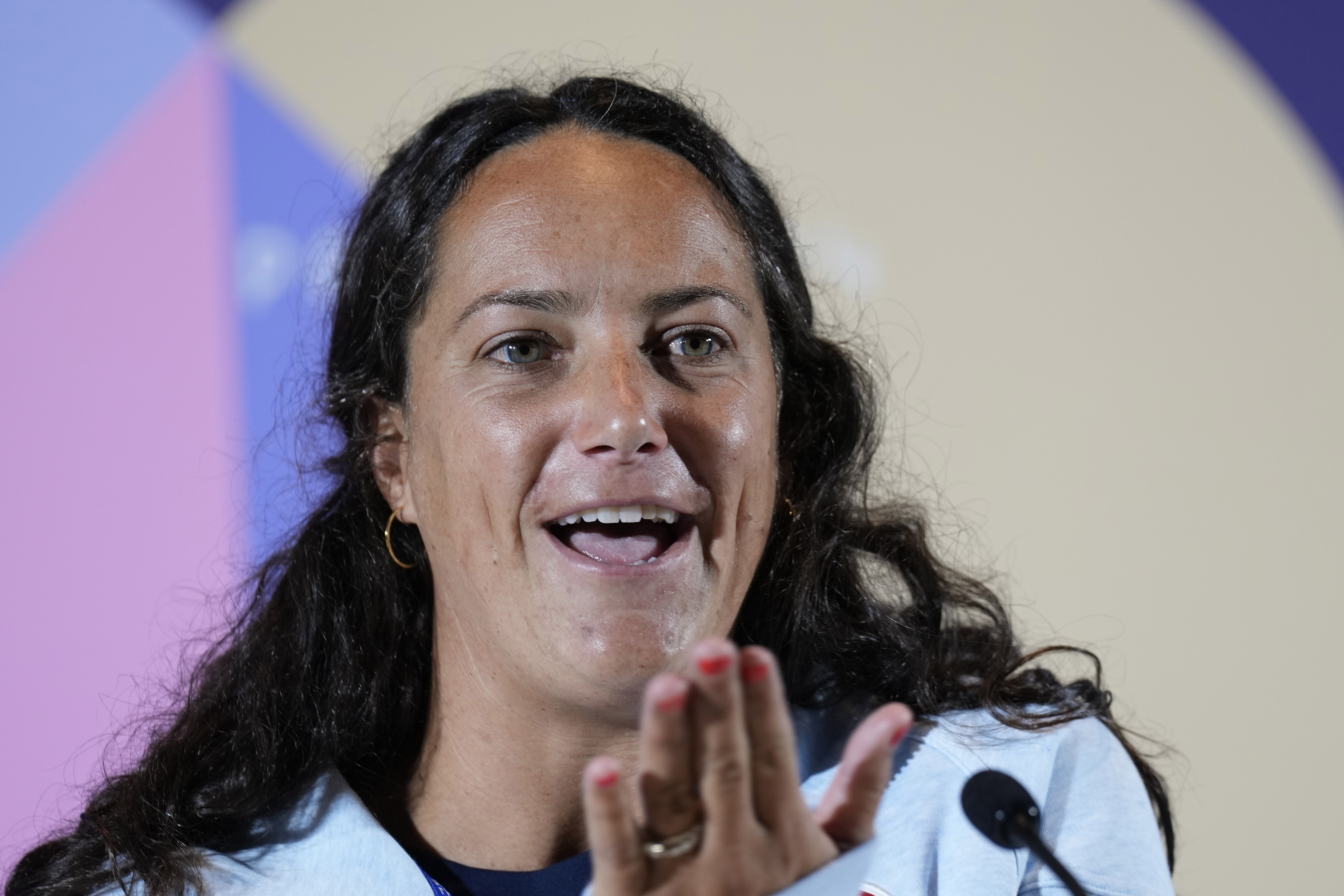 United States' Maggie Steffens answers to reporters during a news conference of the women's United States team ahead the 2024 Summer Olympics, Wednesday, July 24, 2024, in Paris, France. 